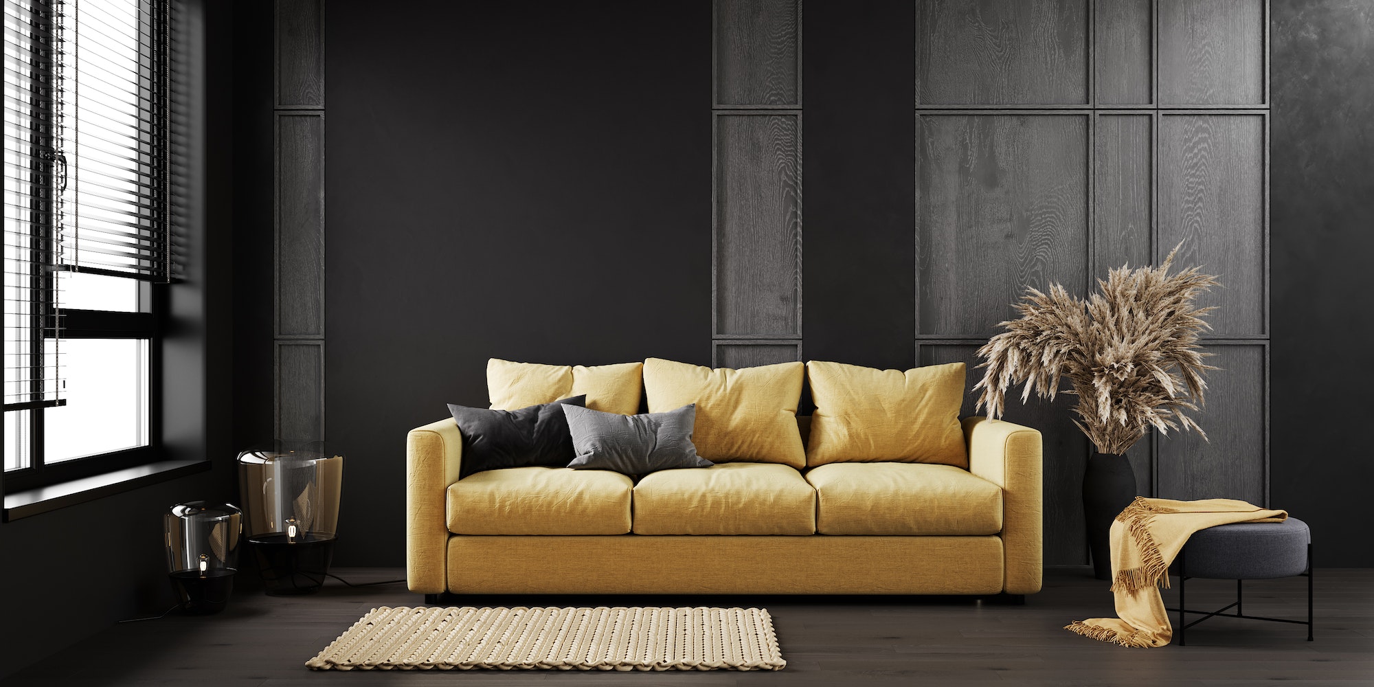 Home interior, luxury modern dark living room interior with yellow sofa