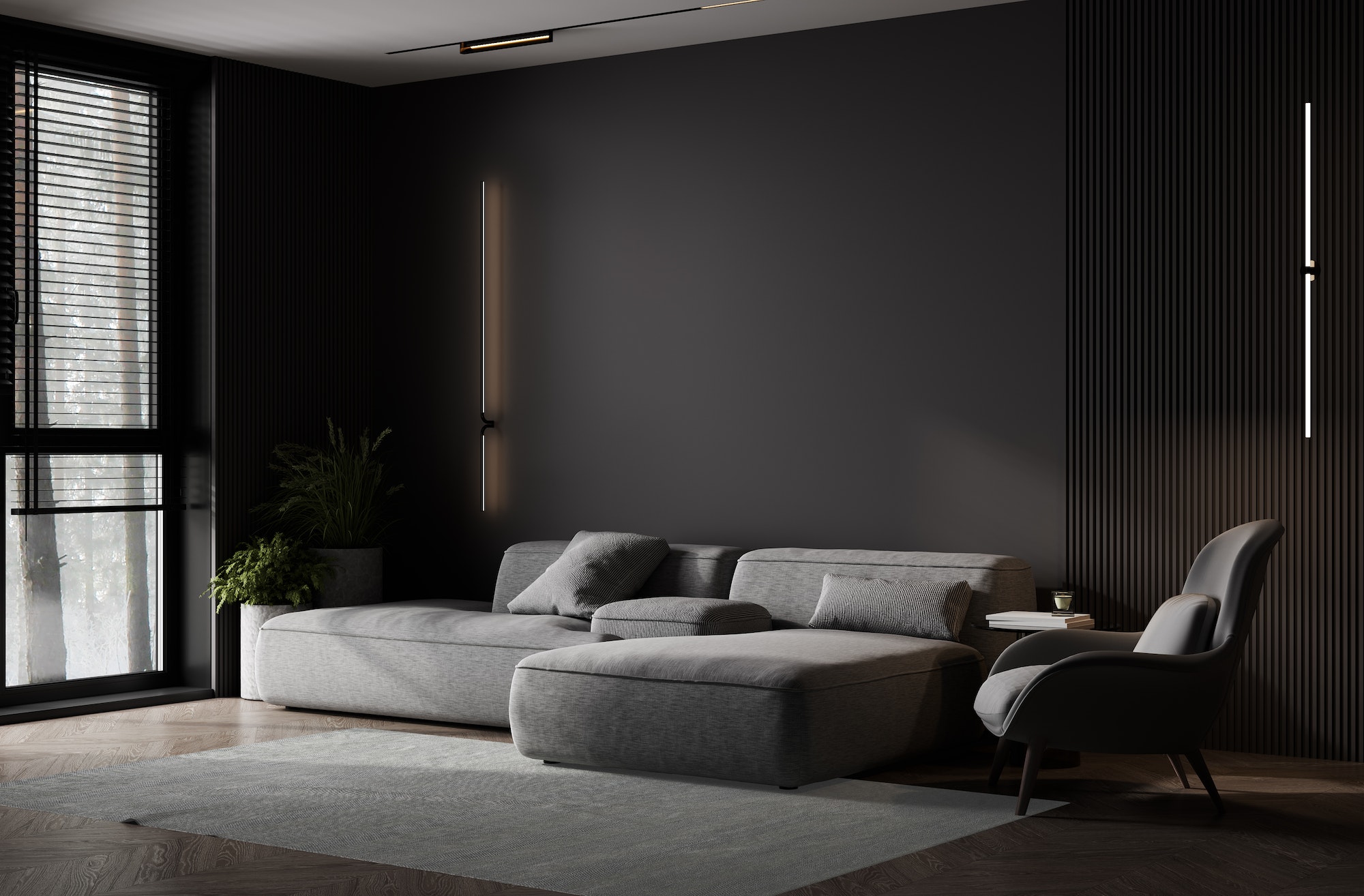 Luxury dark living room interior background, black empty wall mock up, living room mock up