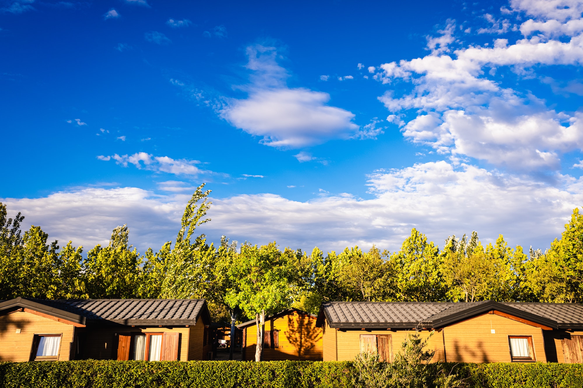 Bungalows, portable wooden houses, in a summer holiday resort.